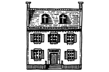 American or European house, French villa and mansion. Hand drawn, engraved building with one or two floors. Suburban Real estate property icon. Drawing