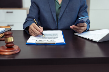 Judge, male lawyer discuss legal services for businessmen, give advice on contracts, plan court...