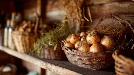 A basket of dried herbs and onions glowing in storage shed