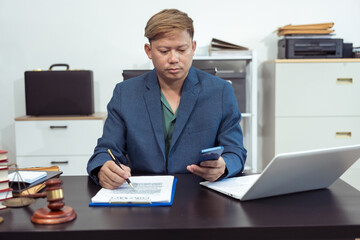 Judge, male lawyer discuss legal services for businessmen, give advice on contracts, plan court...