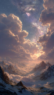 Dramatic mountain valley filled with soft clouds, leding to bright glowing poral under vibrant cosmic sk. Nebula, stars, luminous alaxy create fantasy landsape. Scene blends nature wth