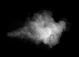 Realistic white smoke cloud or vapor effect isolated on black background, perfect for graphic design, advertising, digital art, and creative photo editing projects