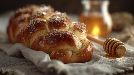 A braided bread on cloth, honey dipper glowing beside