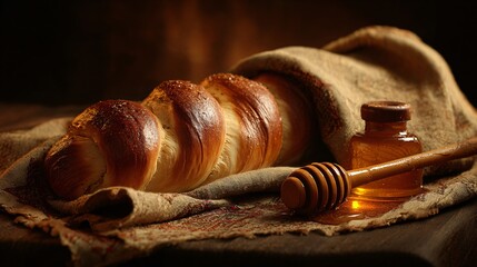 A braided bread on cloth, honey dipper glowing beside
