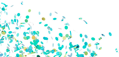 Festive image of teal and gold confetti falling on white background. Perfect for party invitations, celebrations, and more.