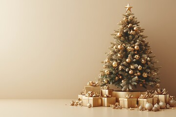 Decorated Christmas tree with gold ornaments and gifts on neutral background presents