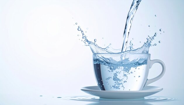 Water Pouring into White Teacup with Splash