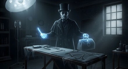 A ghostly surgeon in a top hat holding a glowing scalpel and medical bag in a dimly lit operating room