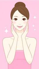 Smiling woman touching her face.  Pink backdrop