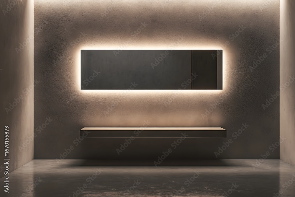Poster minimalist horizontal rectangular mirror floating on a bare wall, framed by a soft indirect light