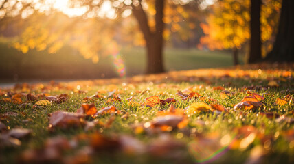 A sunlit autumn park with a carpet of fallen leaves on the green grass. This beautiful and serene scene captures the peaceful and golden atmosphere of the fall season.