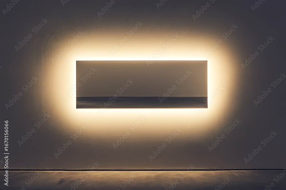 Poster minimalist horizontal rectangular mirror floating on a bare wall, framed by a soft indirect light