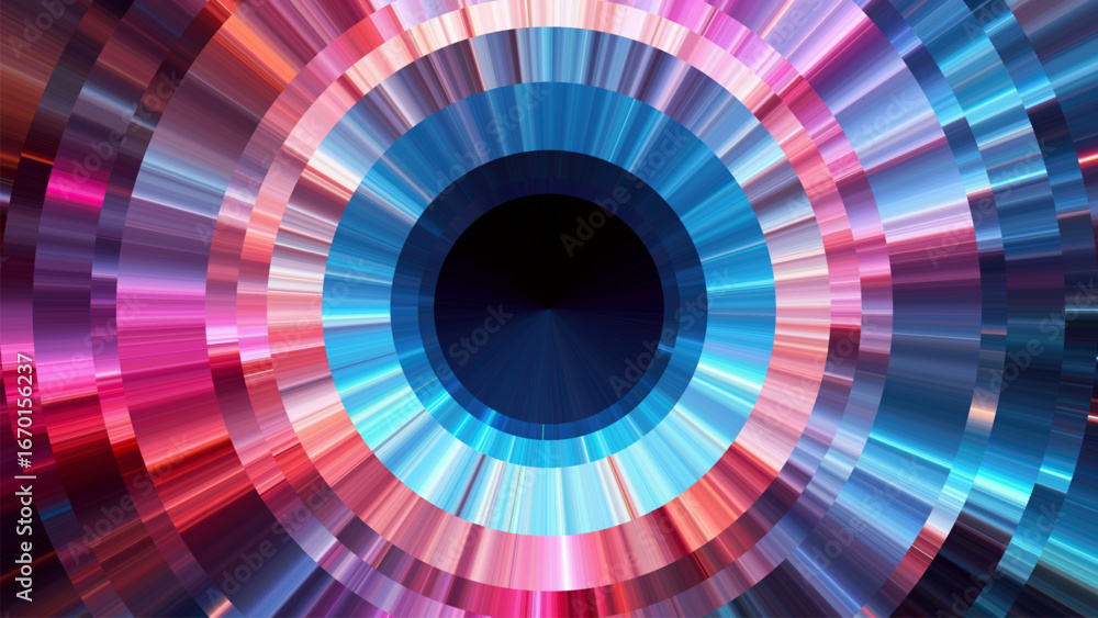 Poster concentric circle artwork in polar coordinates style with vibrant glowing radial lines. dynamic radi