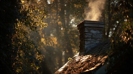 A golden light shining through smoke of chimney in cottage woods