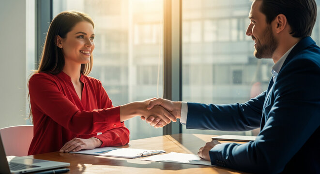 A smiling businesswoman in a red blouse and a male business professional are shaking hands across a desk in a sunlit office