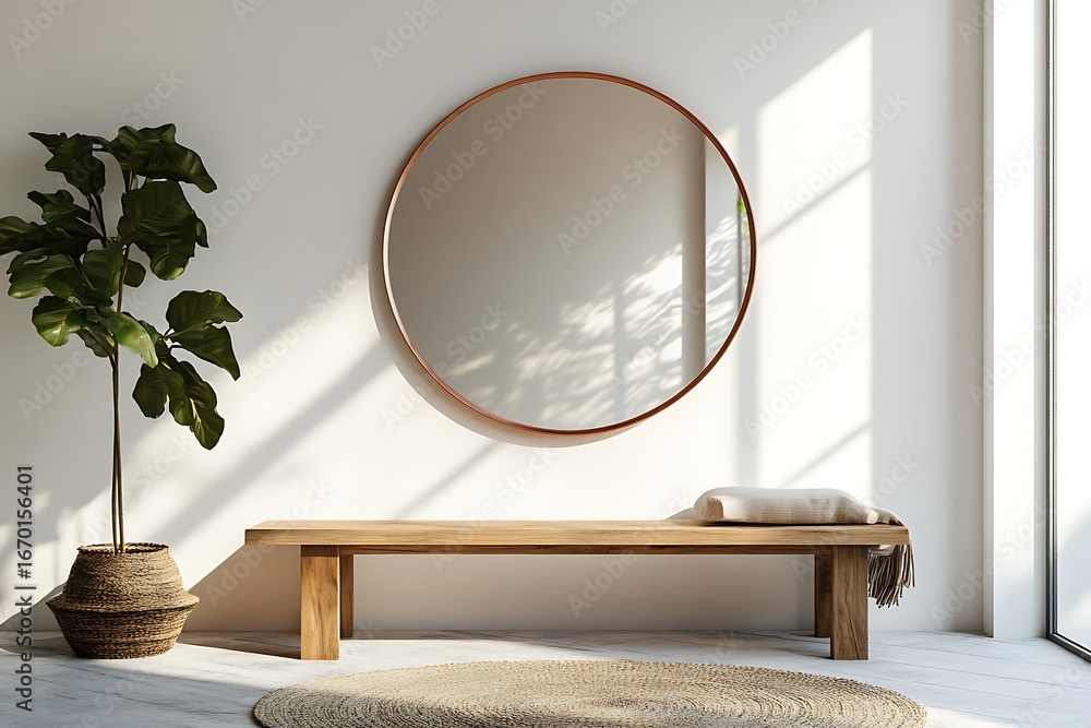 Poster minimalistic circular mirror with brushed copper frame, centered above a simple wooden bench