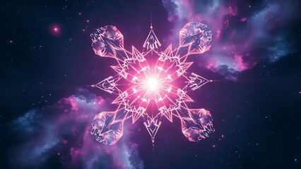 Cosmic ice crystals creating intricate geometric light refractions within a vibrant nebula.