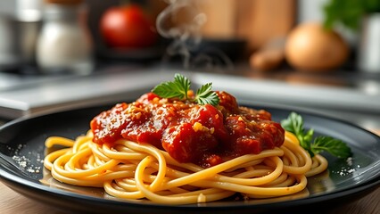 Close-up of delicious spaghetti with rich tomato sauce, steam rising from the plate.