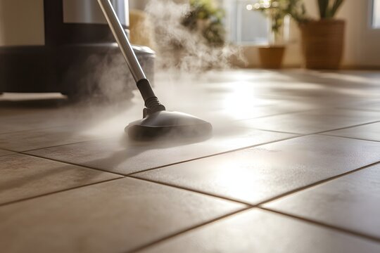 A steam cleaner in action sanitizing a tiled floor with visible steam with copy space