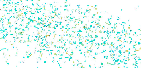 A festive image of teal and gold confetti falling on a white background, perfect for celebrations and parties.