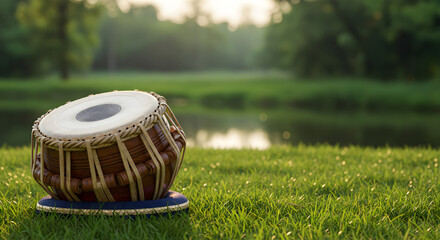 Fototapeta premium Tabla Indian percussion instrument on green grass with sunlight and nature background