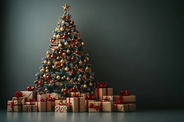 Decorated Christmas tree with red and gold ornaments and gifts below image