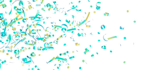 Beautiful image of teal and gold confetti falling on a white background. Perfect for celebrations and festive designs.