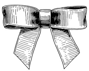 Ribbon gift bow in hand drawn, engraving style. Collection of decorative holiday elements for birthday, wedding or Christmas celebration. 