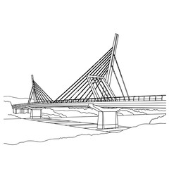 Cable-stayed bridge illustration spanning a river set against a scenic landscape at daytime ideal for architectural design visualizations and infrastructure projects.