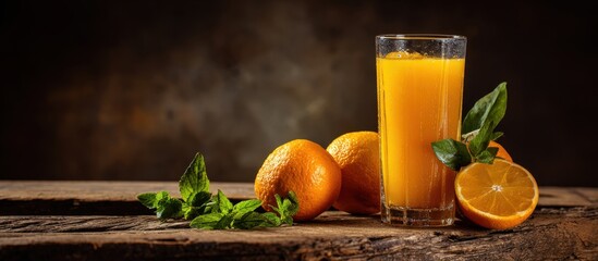 Fototapeta premium Freshly squeezed orange juice with whole and sliced oranges on rustic wooden