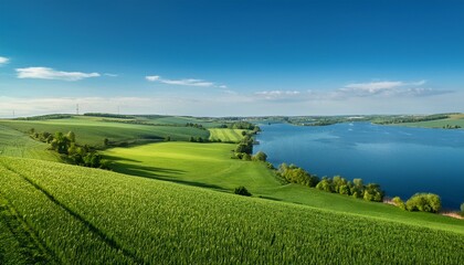 Naklejka premium green fields surrounded by serene blue waters creating a tranquil and picturesque natural landscape environment peaceful