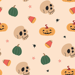 Autumn Halloween skulls with pumpkins seamless pattern background for packaging and decoration