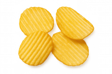 Four ridged potato chips falling against a transparent background, creating a tempting image for snack lovers