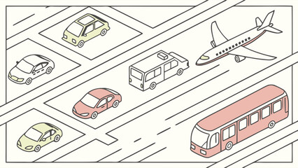 Isometric illustration of various transportation vehicles including cars bus and airplane on roads.