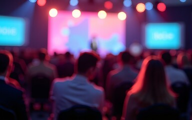 : A blurred background of a corporate seminar, iridescent colors, iridescent reflections, sharp subject focus, soft background, attendees barely visible. High quality
