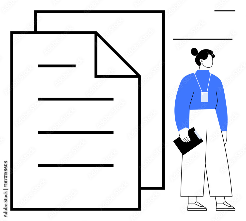 Poster worker holding clipboard beside large documents with lines and edges. ideal for organization, record