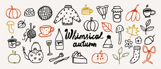 Whimsical autumn icons line art sketch. Whimsy doodle fall leaf, pumpkin, maple foliage, tea. Coquette hand drawn vector outline illustration