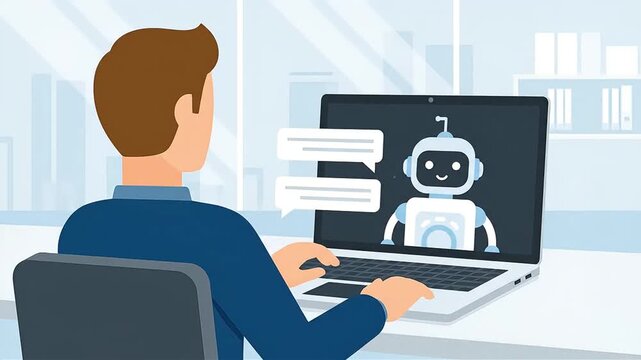 Professional interacting with AI chatbot on laptop, showcasing automated customer service, digital assistant, and artificial intelligence for modern business solutions.