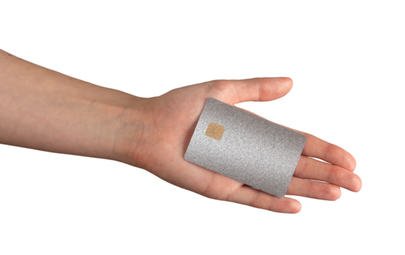 Silver glitter card resting on palm with metallic shine. Plastic chip used for secure banking,