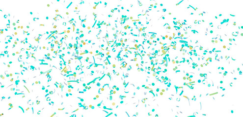 High-resolution image of teal and gold confetti falling on white background. Perfect for party invitations, celebrations, and festive designs.