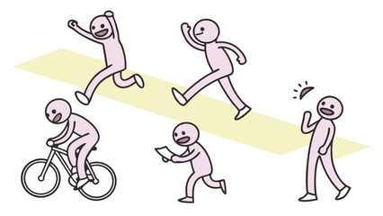 Fototapeta premium Cartoon Figures in Action Running Cycling and Reaction.