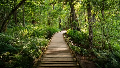 Obraz premium rustic wooden pathway leads through lush greenery in a serene forest setting during daytime