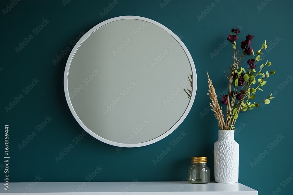 Poster round minimalistic mirror with a matte white frame blending seamlessly into a monochromatic room