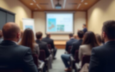 Corporate Seminar Blur: A blurred background of a corporate seminar or training session in a conference hall, with attendees. High quality