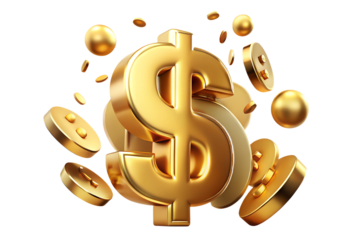 Photo of a cluster of golden dollar signs and coins floating in the air, symbolizing financial growth, investment opportunities, and abundant wealth isolated on transparent background