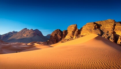 Naklejka premium golden sand dunes rise majestically against rugged rock formations under a bright blue sky generative ai