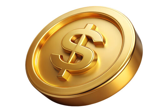 Photo of a shiny golden coin with a dollar sign embossed on it, isolated on a transparent background, symbolizing wealth and financial success