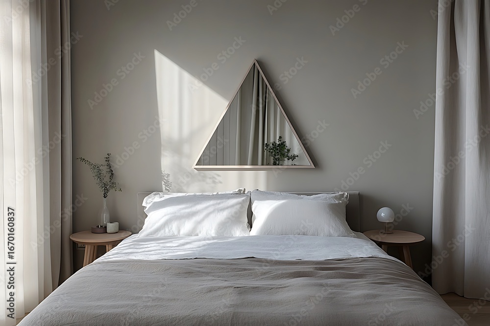Poster sleek minimalistic triangular mirror set into a calm, muted minimalist bedroom design