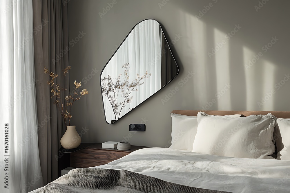 Poster sleek minimalistic triangular mirror set into a calm, muted minimalist bedroom design