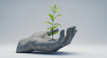 Concrete Hand Holding a Sprout with Green Leaves and Small Stones.